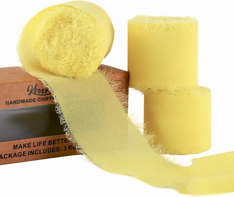 KEOSREE 3 Rolls Cream Yellow Handmade Chiffon Ribbon,1.5" x 21Yd Frayed Fringe Silk Ribbons (3 Rolls *7Yd) for Gifts Wrapping, Wedding Invitations, Bridal Bouquets, Decoration - Image 1